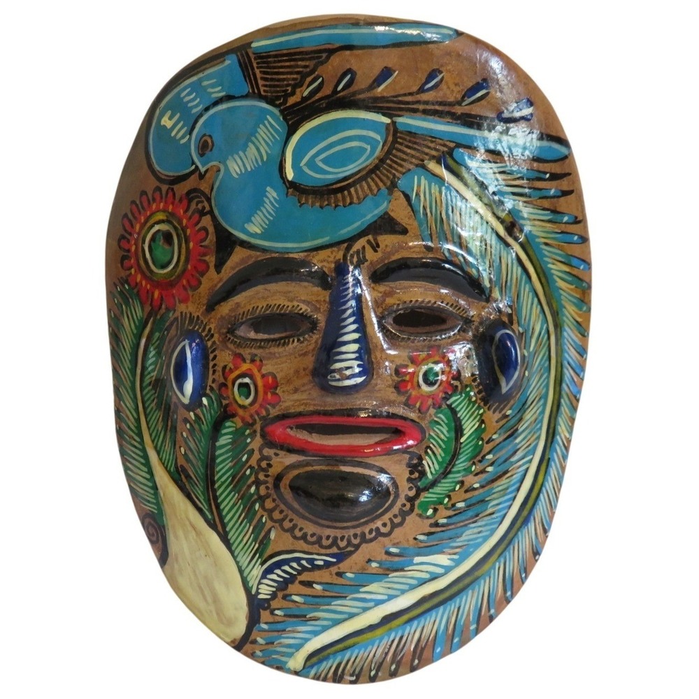 Handmade Vintage Mexican Painted Clay Face Mask Tribal Folk Art Blue Bird Floral